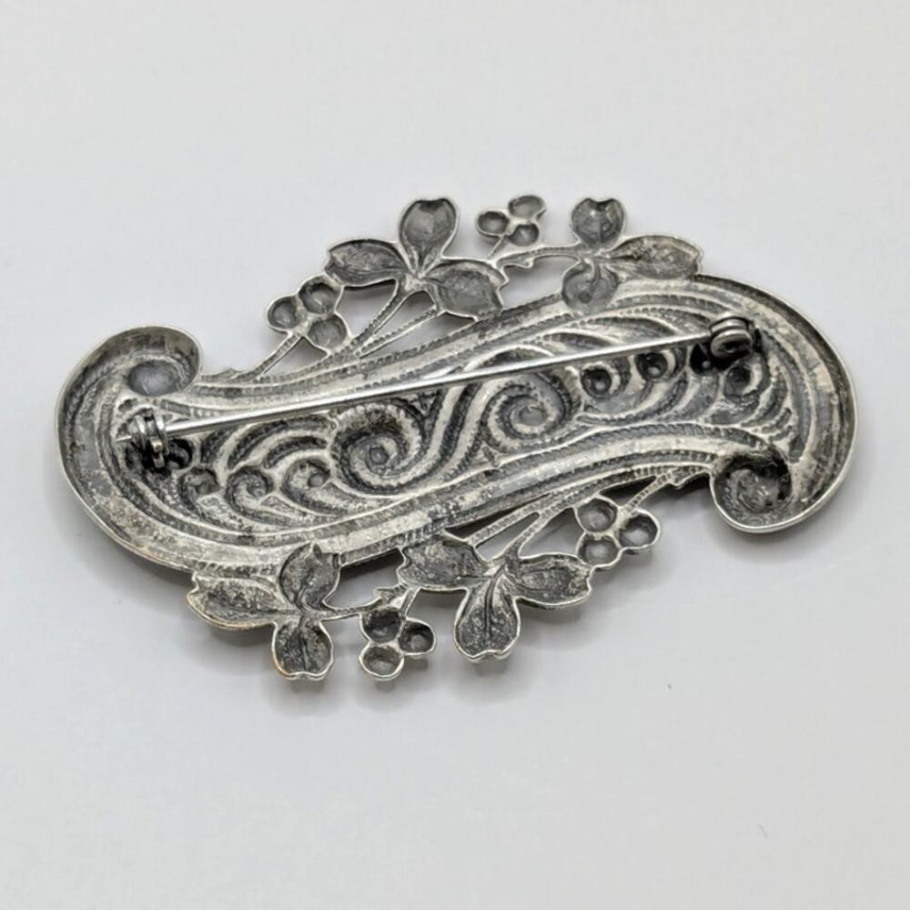 Vintage Antique Sterling Silver Intricate Filigree Leaf Accent Swirl Brooch - Picture 3 of 5